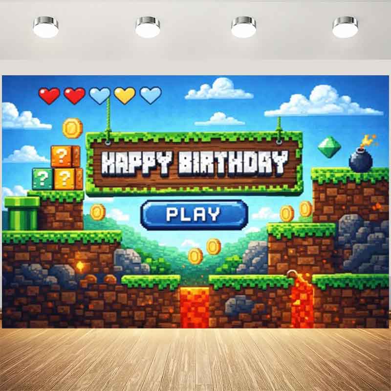 Retro Gaming Banner - Pixel Video Game Birthday Backdrop Retro